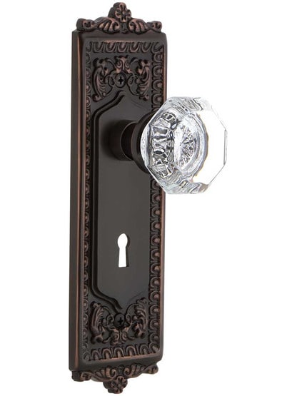 Egg and Dart Door Set with Waldorf-Crystal Glass Knobs and Keyhole in Timeless Bronze.